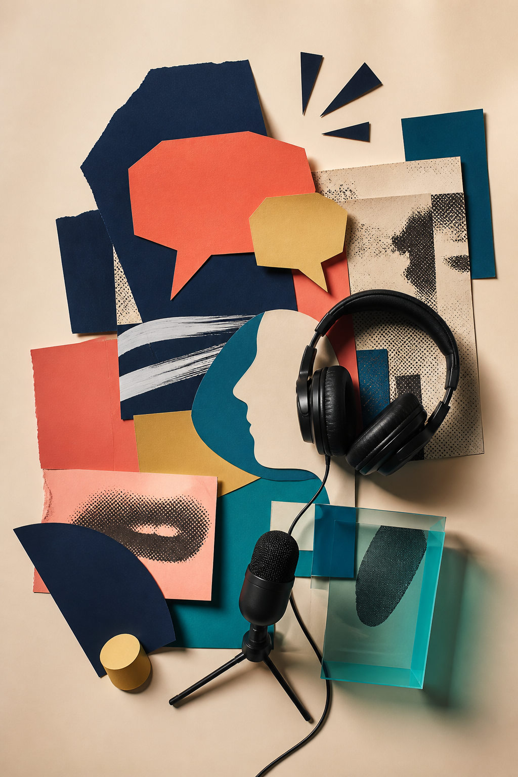 A colorful still life with headphones, a microphone, and layered cultural references
