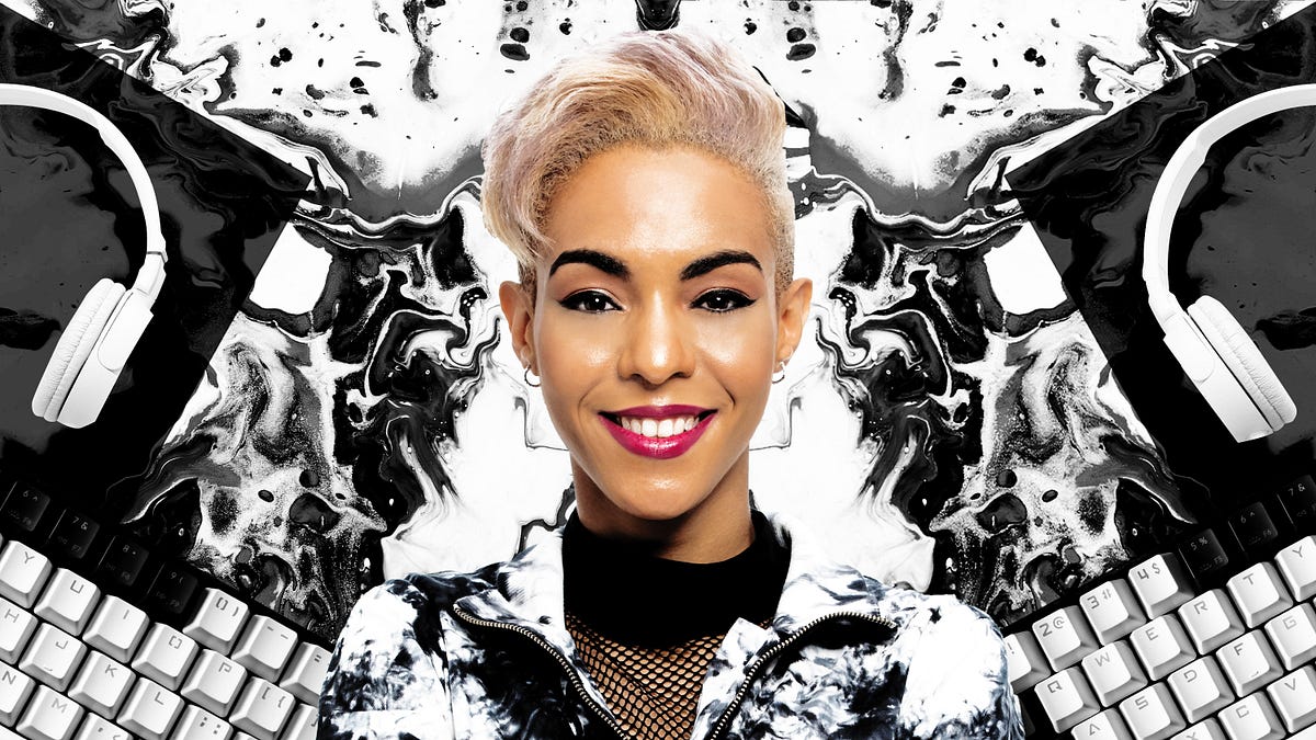 Erin Ashley Simon in an editorial portrait with gaming imagery